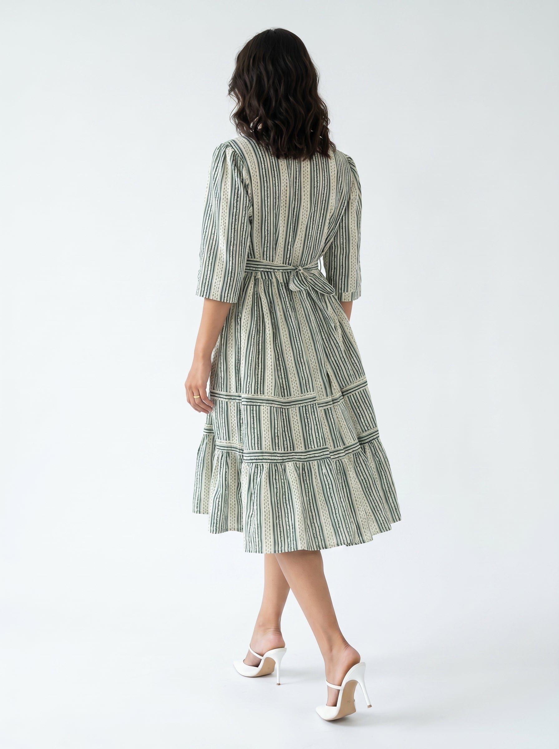 Off White V-Neck Abstract Print Cotton Flared Dress For Women