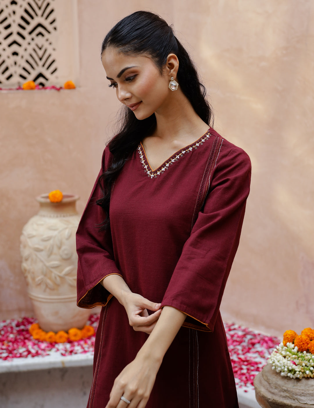 V-Neck Cotton Maroon Kurta Set For Women