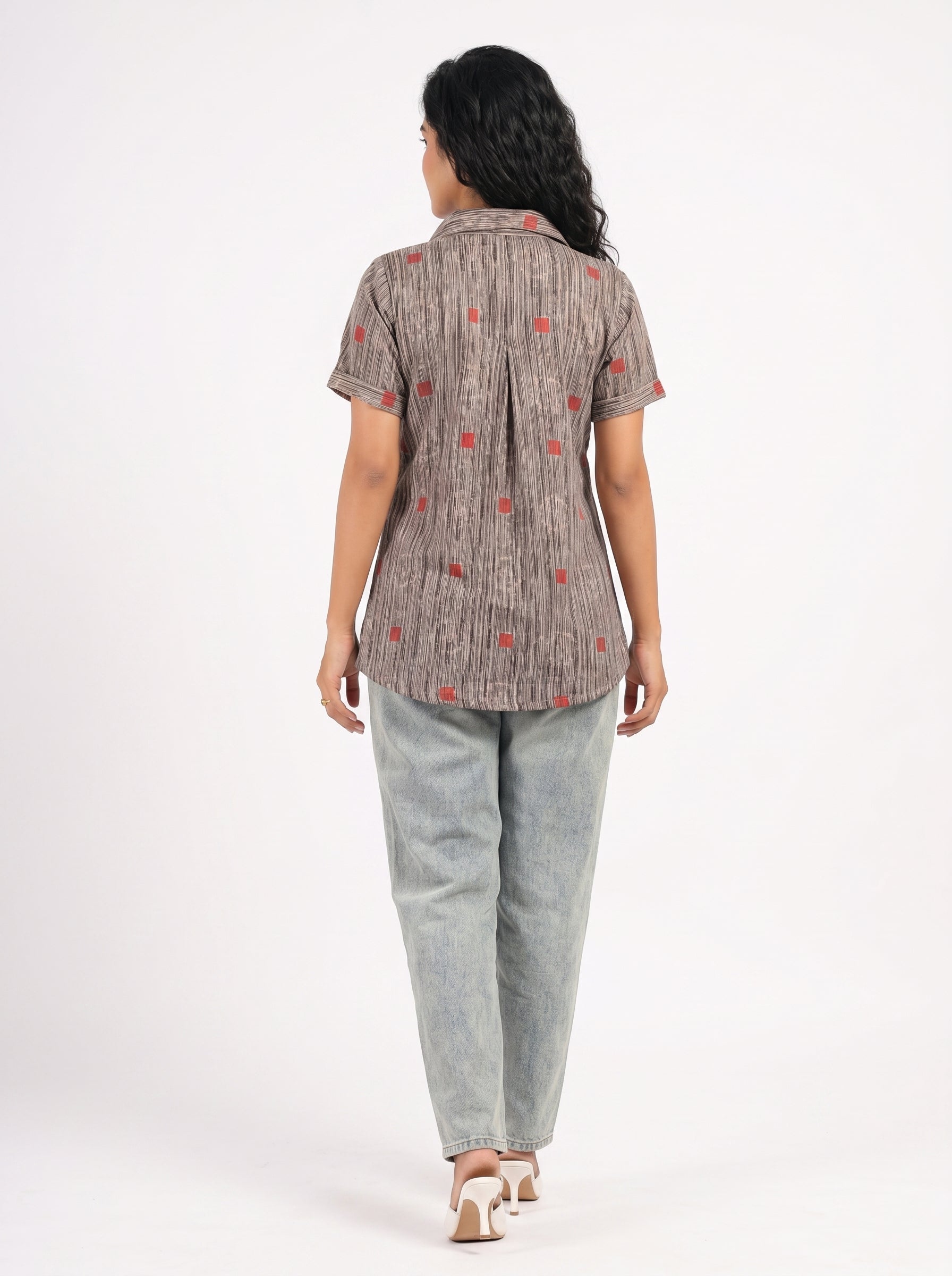 Grey Shirt Collar Abstract Print Cotton Top For Women