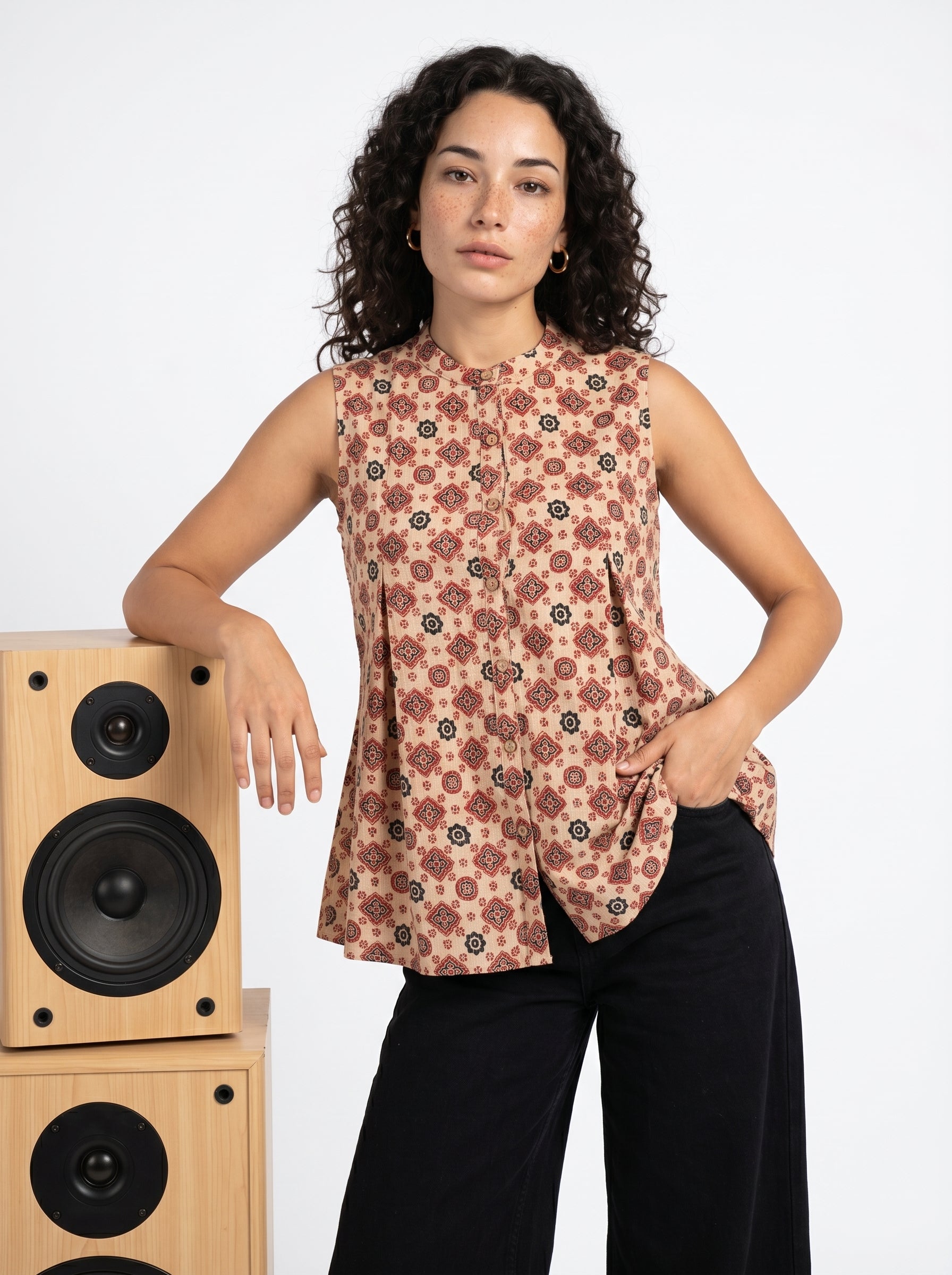 Brown Round Neck Cotton Floral Top for Women
