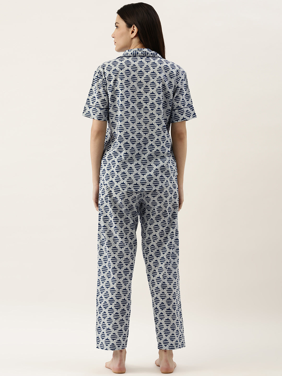Blue Printed Lapel Collar Pure Cotton Pyjama Night Suit For Women