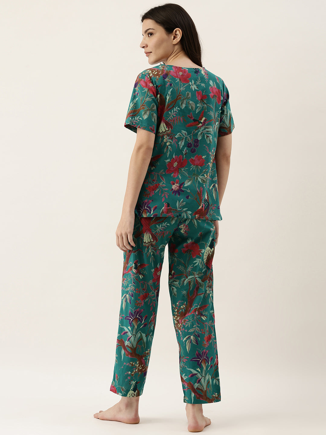 Teal Green Floral Round Neck Cotton Night Suit Set For Women