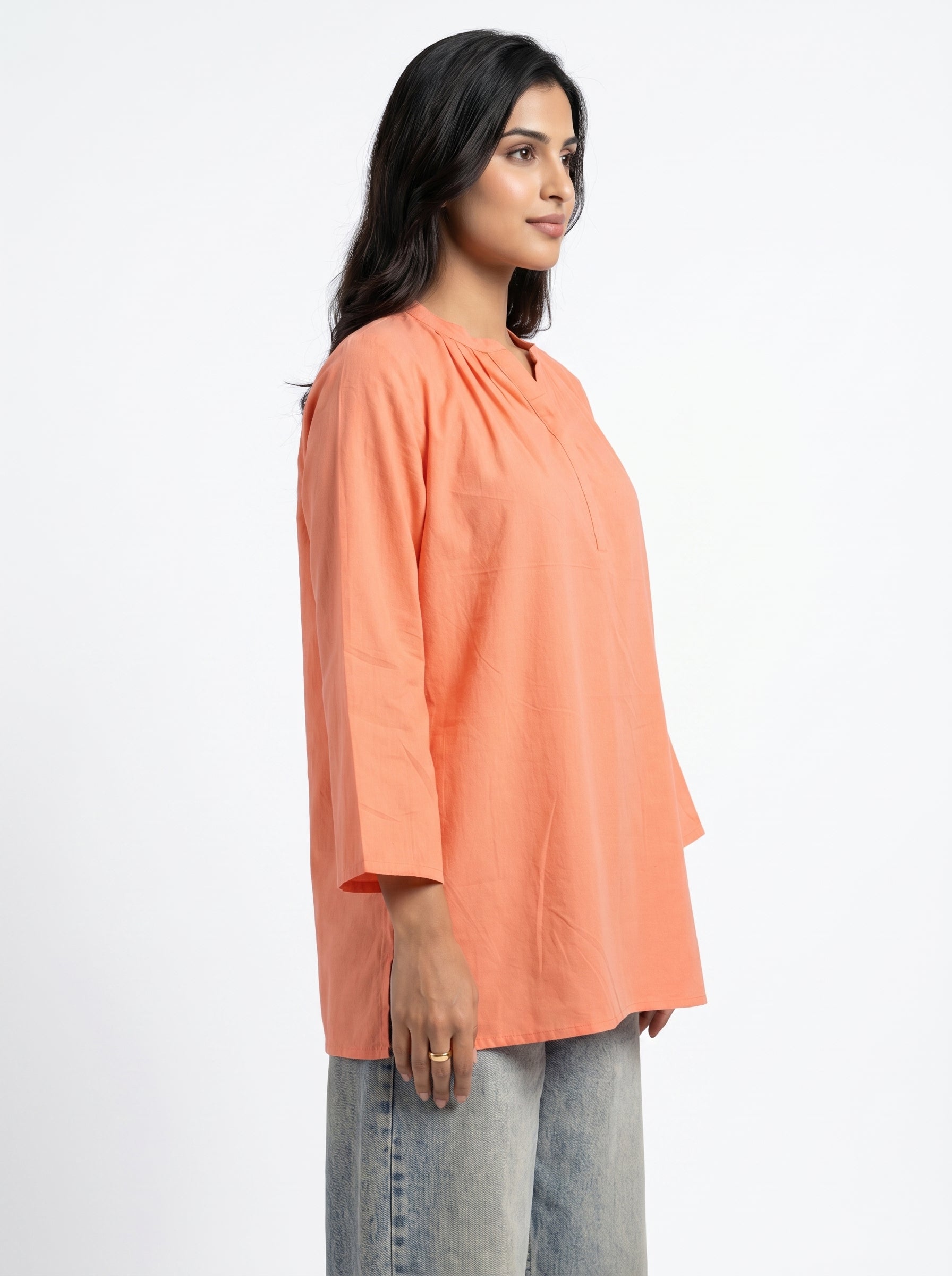 Orange Solid Mandarin Collar Pure Cotton Top For Women