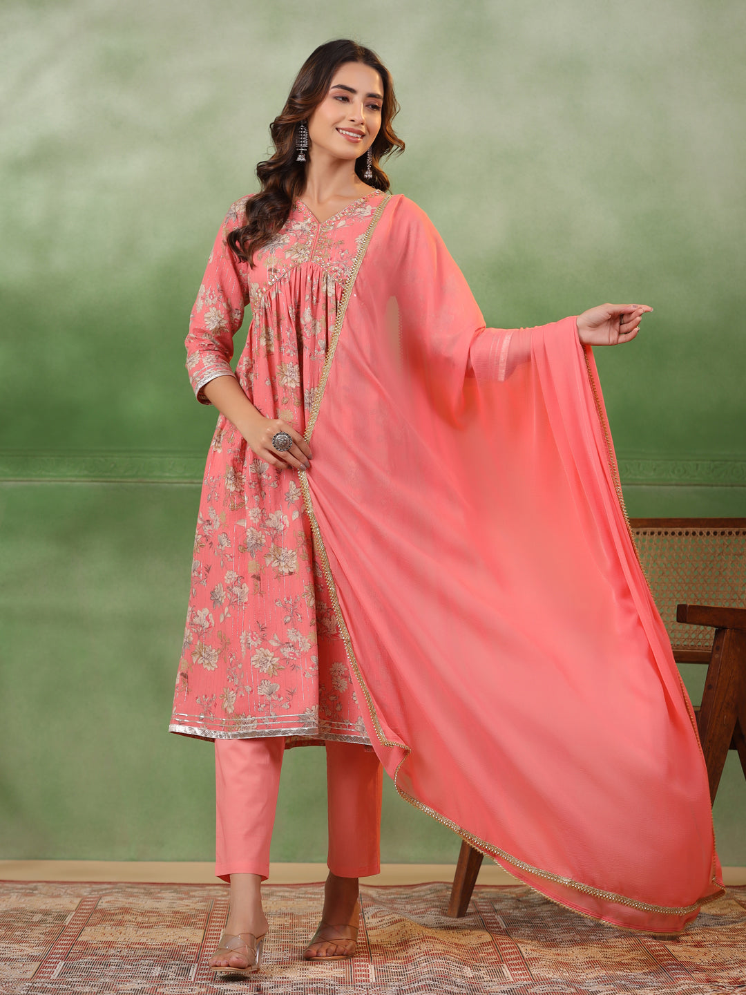 Peach V-Neck Pure Cotton Kurta Set With Dupatta For Women