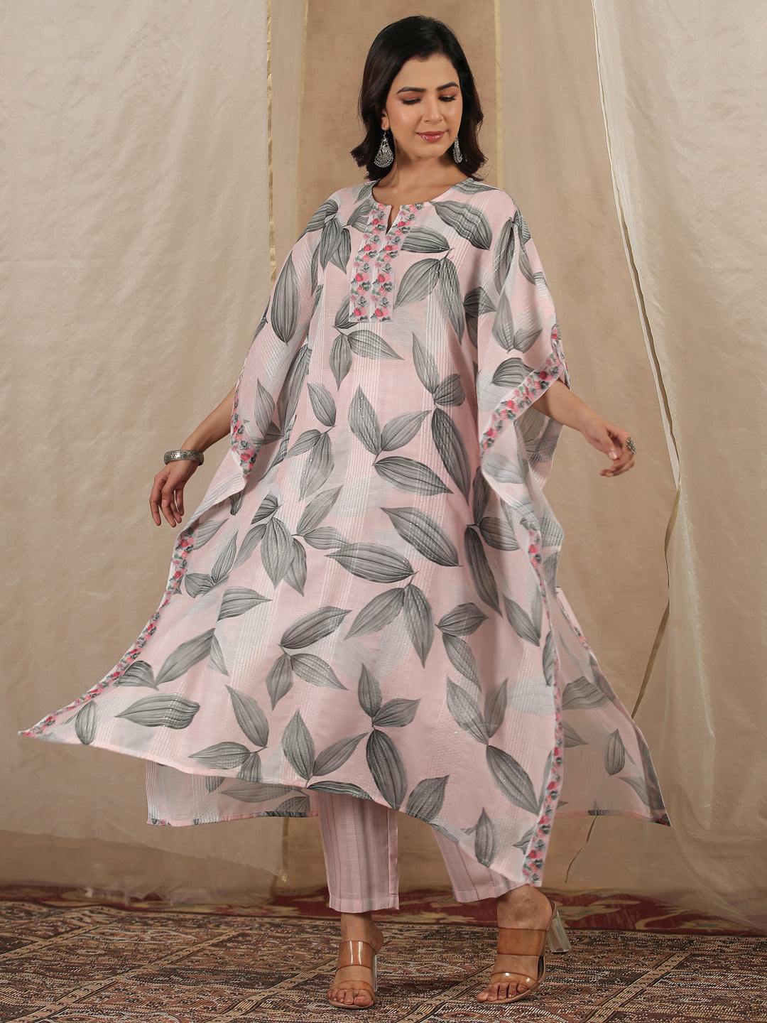 Peach Round Neck Kaftan Kurta Set For Women