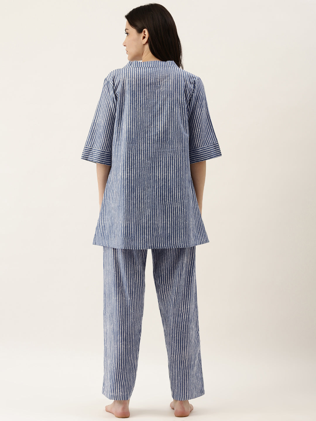 Blue Cotton Printed Night Suit Shrug Set
