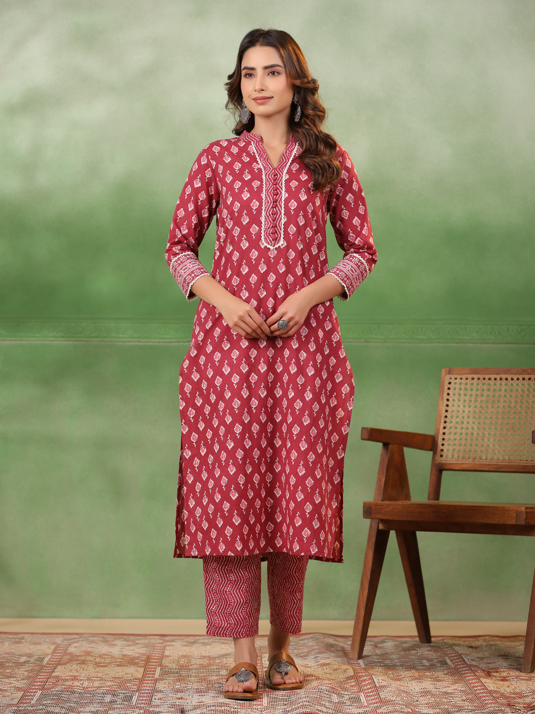 Red Floral Printed Kurta Set with Dupatta