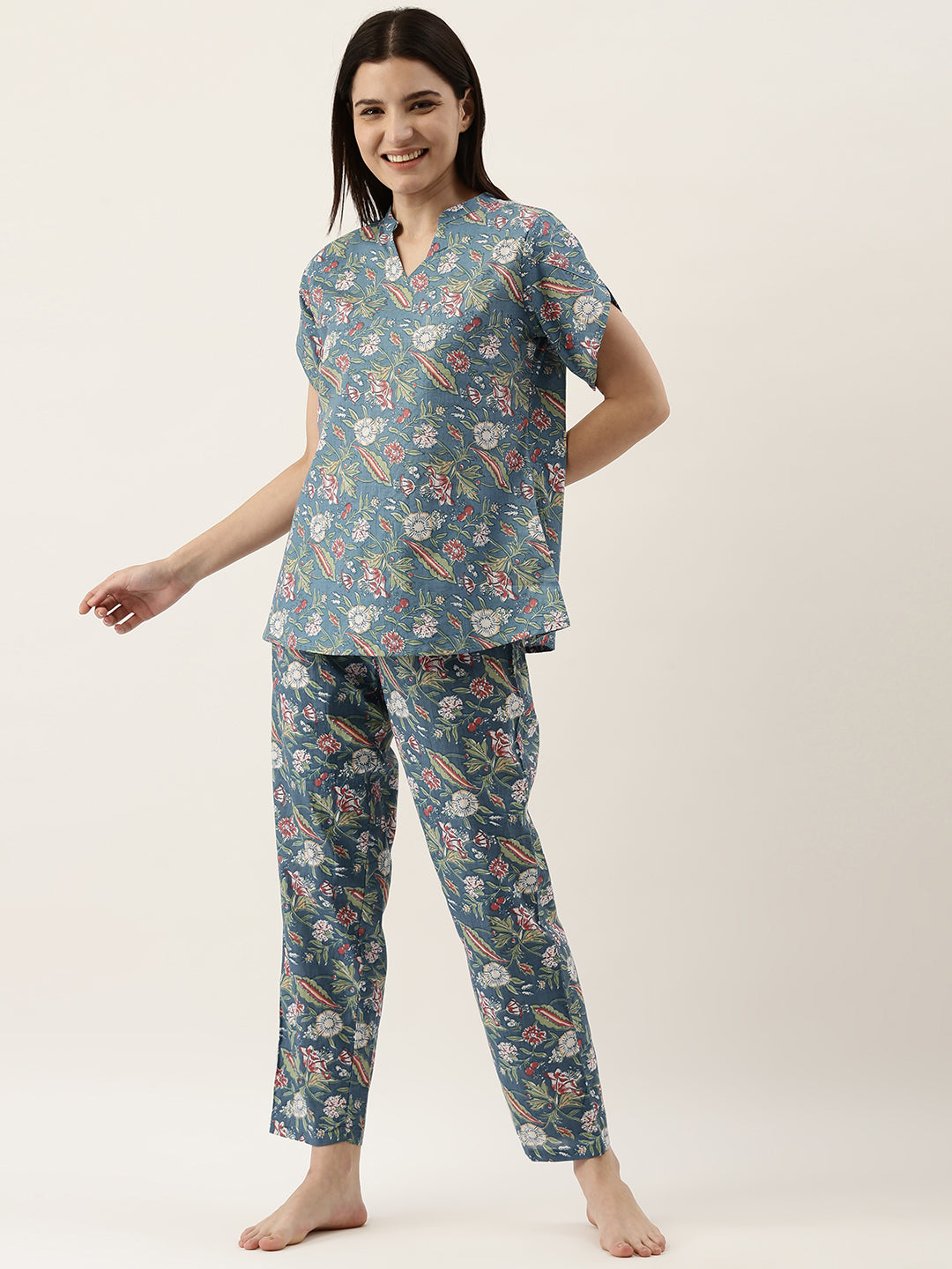 Turquoise Cotton Printed Night Suit Set With Pajama