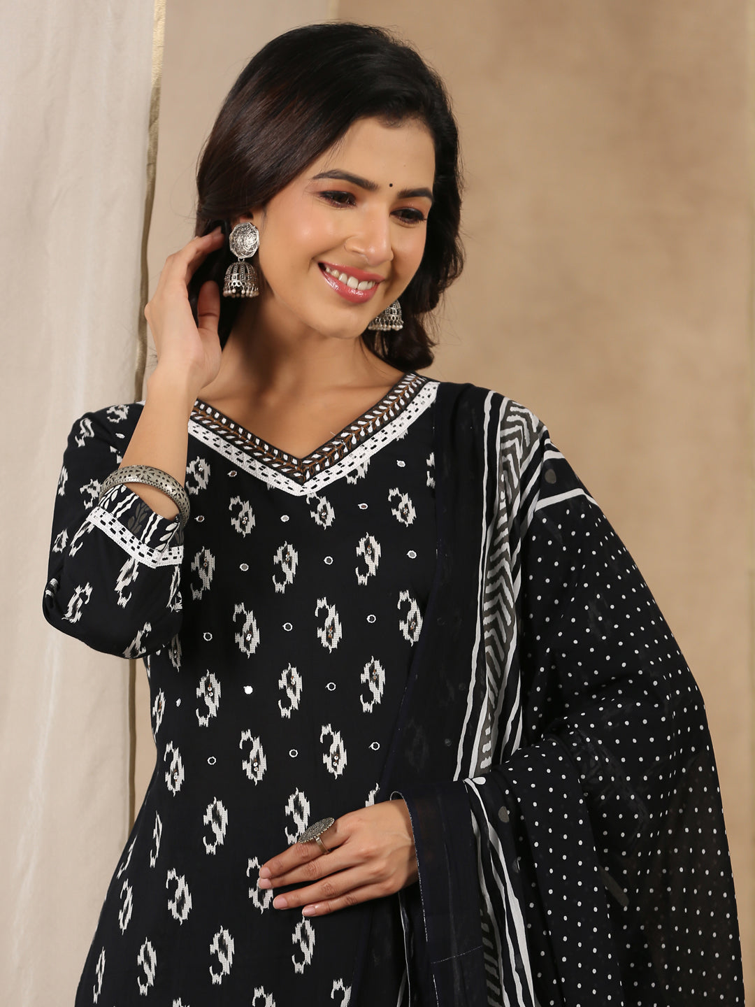 Black V-Neck Ethnic Motifs Print Pure Cotton Kurta With Trousers & Dupatta