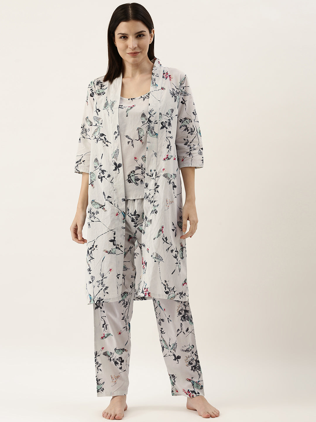 White Printed 3-Piece Cotton Night Suit Set With Pajama For Women
