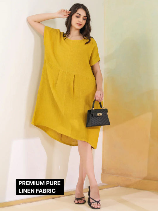 Yellow Solid Linen Blend Dress for Women