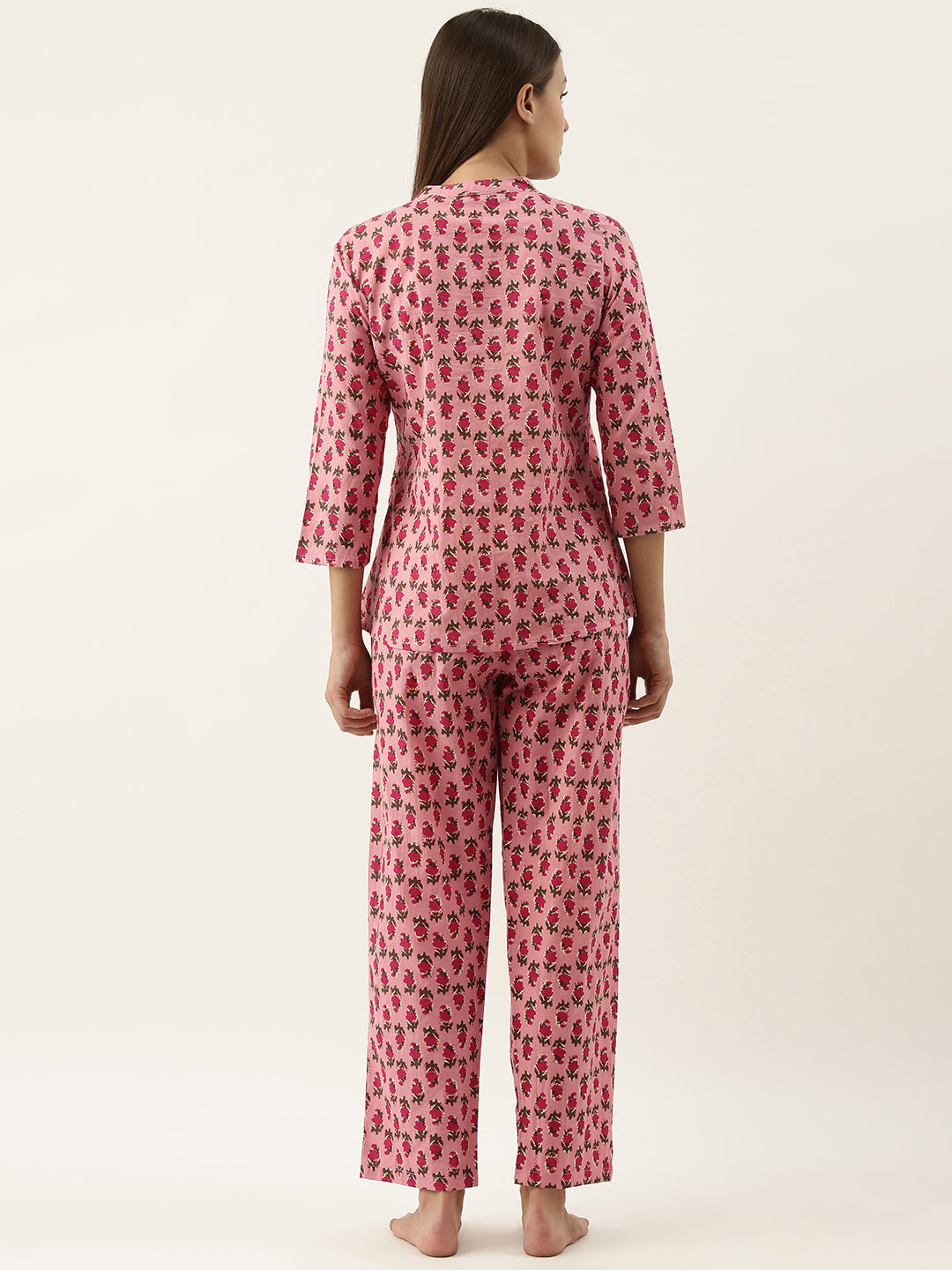 Pink Printed V-Neck Pure Cotton Pyjama Night Suit For Women