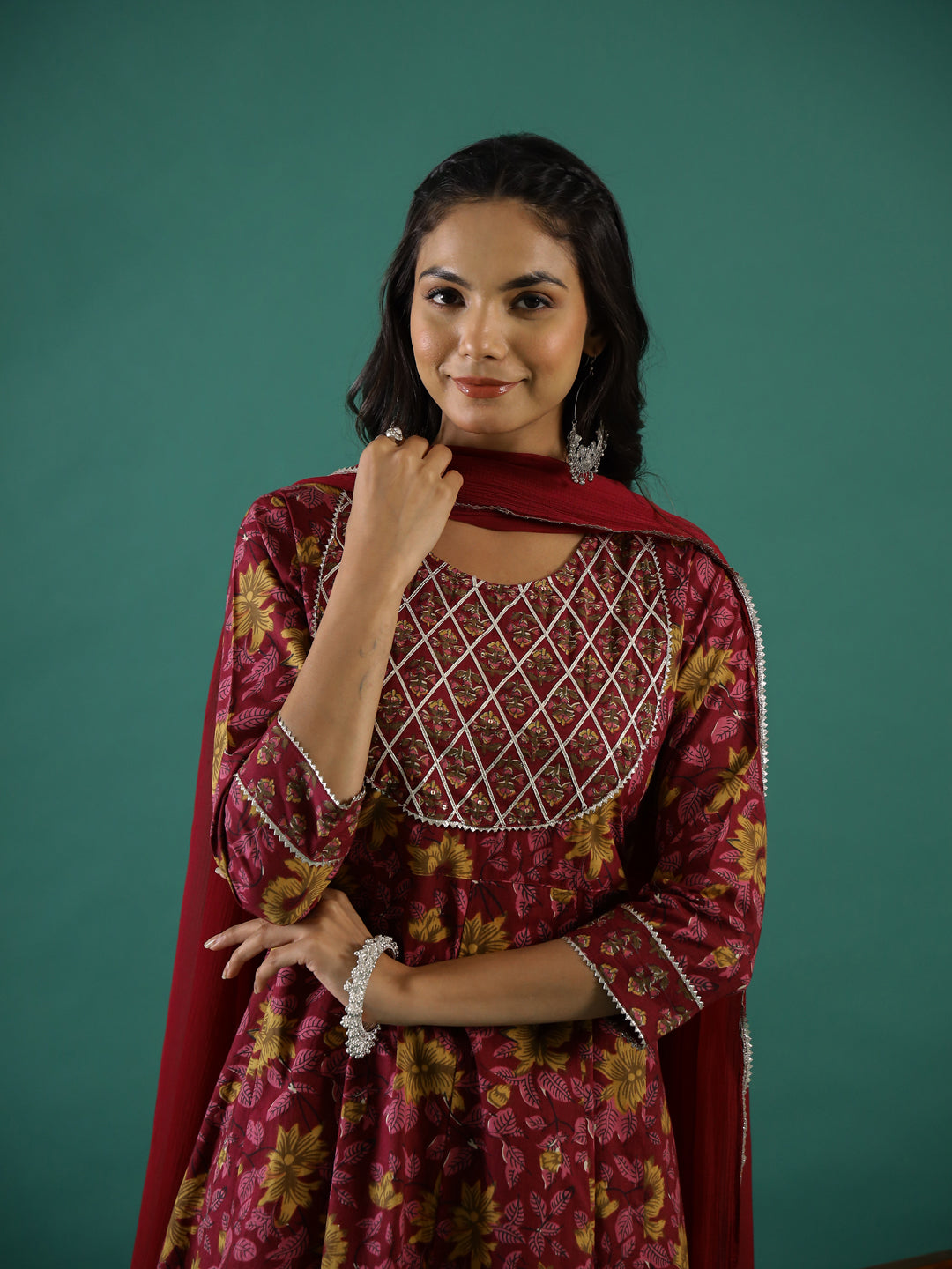 Maroon Pure Cotton Round Neck Printed Kurta Set For Women