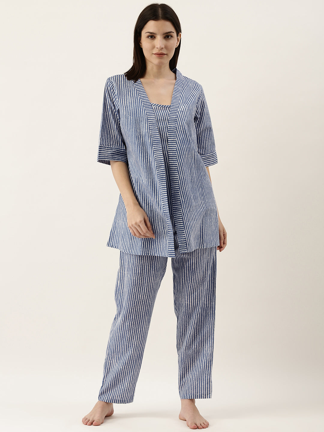 Blue Cotton Printed Night Suit Shrug Set