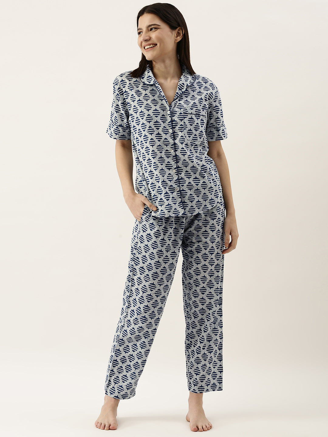 Blue Printed Lapel Collar Pure Cotton Pyjama Night Suit For Women