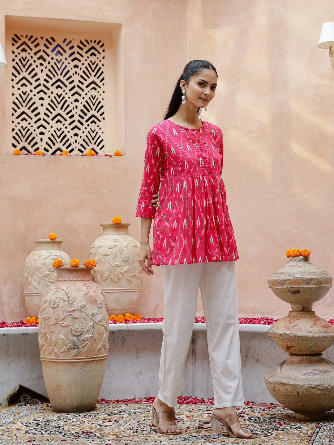 Pink Pure Cotton Round Neck Kurti For Women