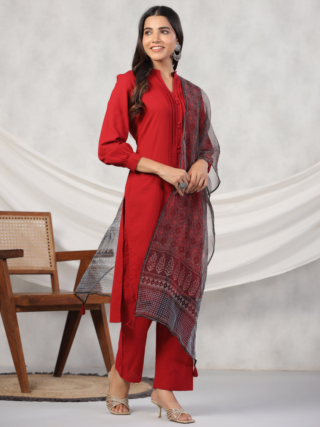 Women Pure Cotton Kurta Set With Orgenza Dupatta