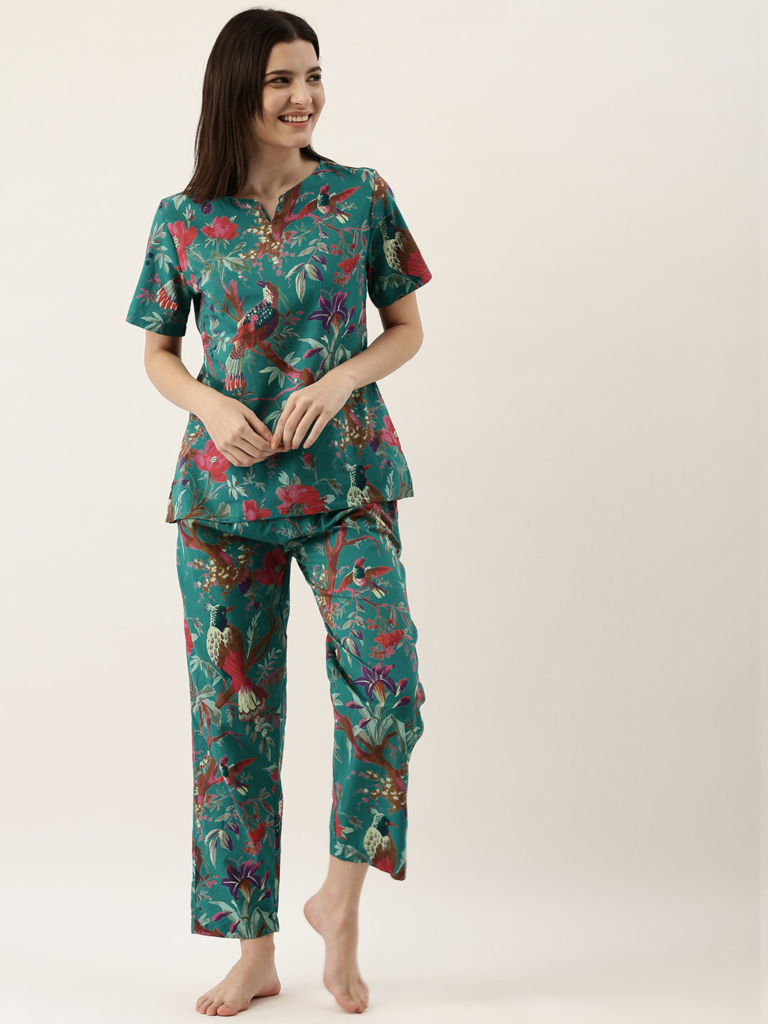 Teal Green Floral Round Neck Cotton Night Suit Set For Women