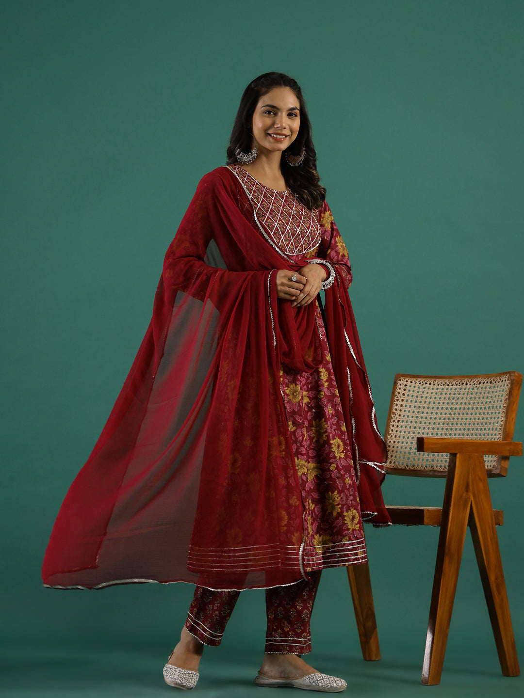 Maroon Pure Cotton Round Neck Printed Kurta Set For Women