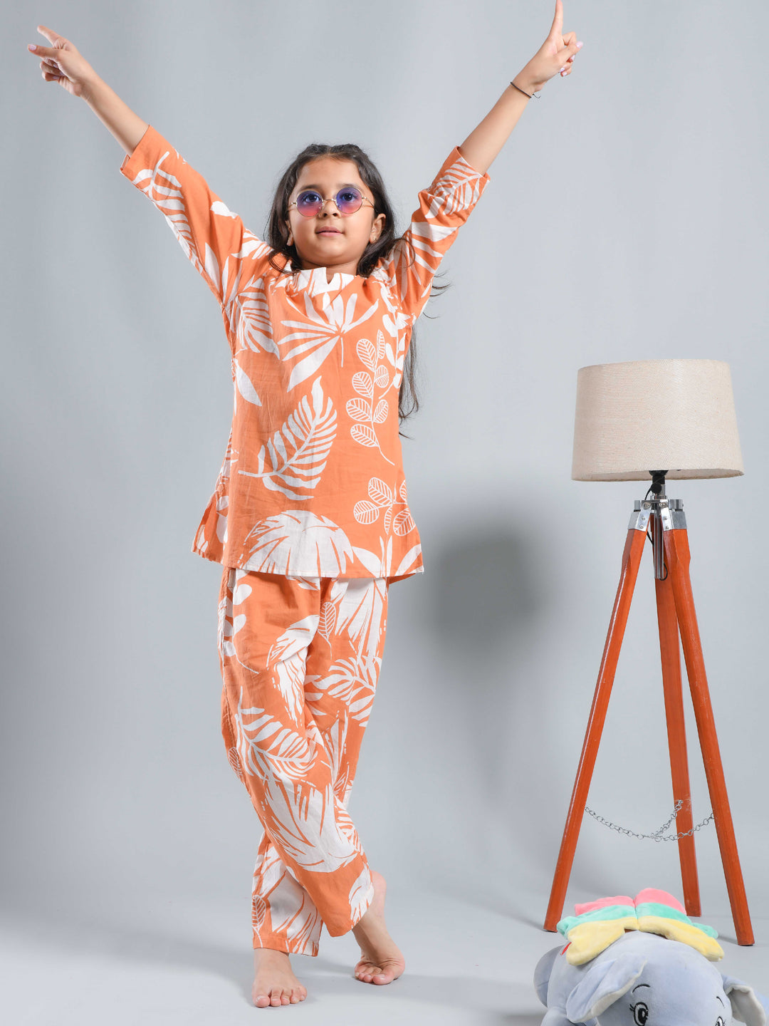Orange Floral Printed Round Neck Kids Night Suit