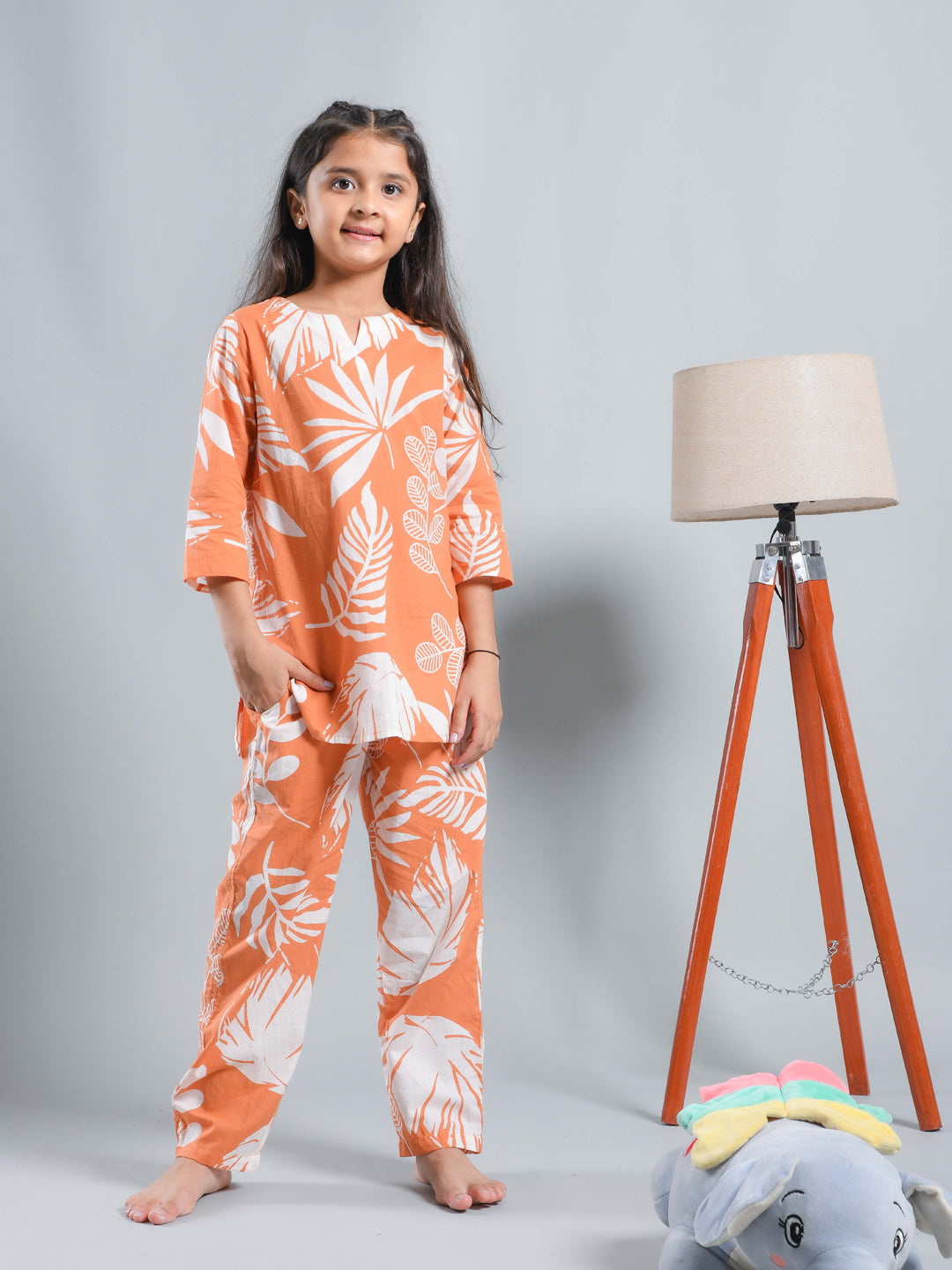 Orange Floral Printed Round Neck Kids Night Suit