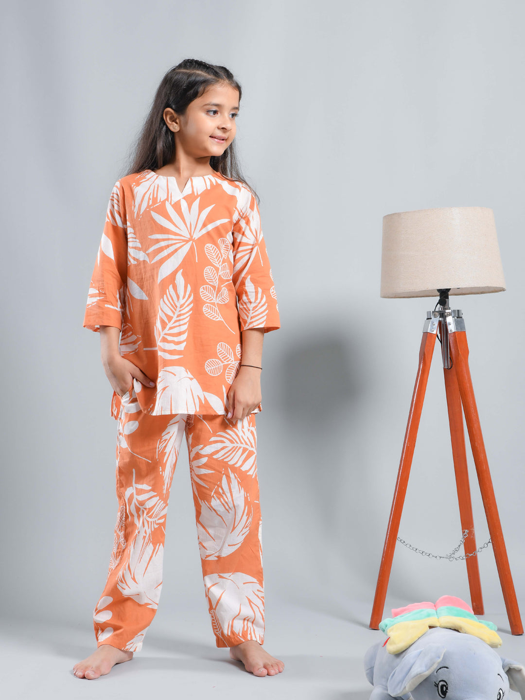 Orange Floral Printed Round Neck Kids Night Suit