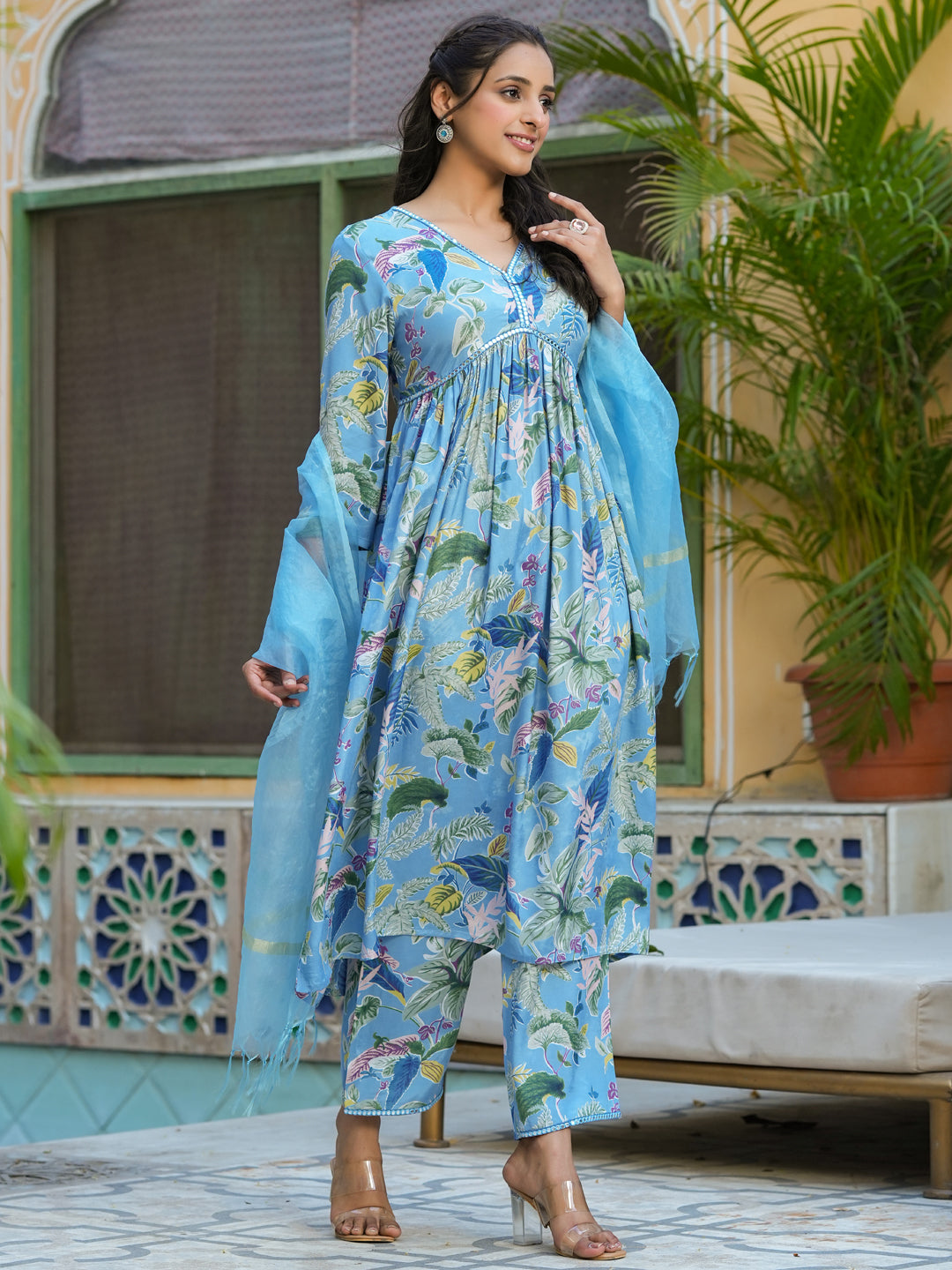 Blue V-Neck Floral Print Mirror Work Kurta Set For Women