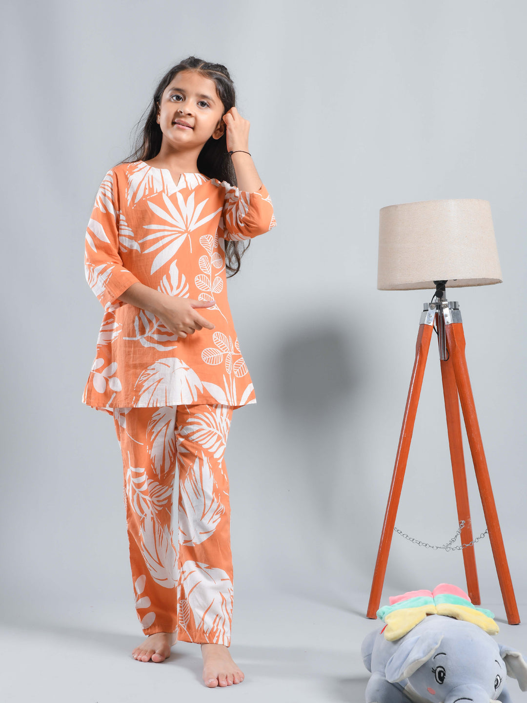 Orange Floral Printed Round Neck Kids Night Suit