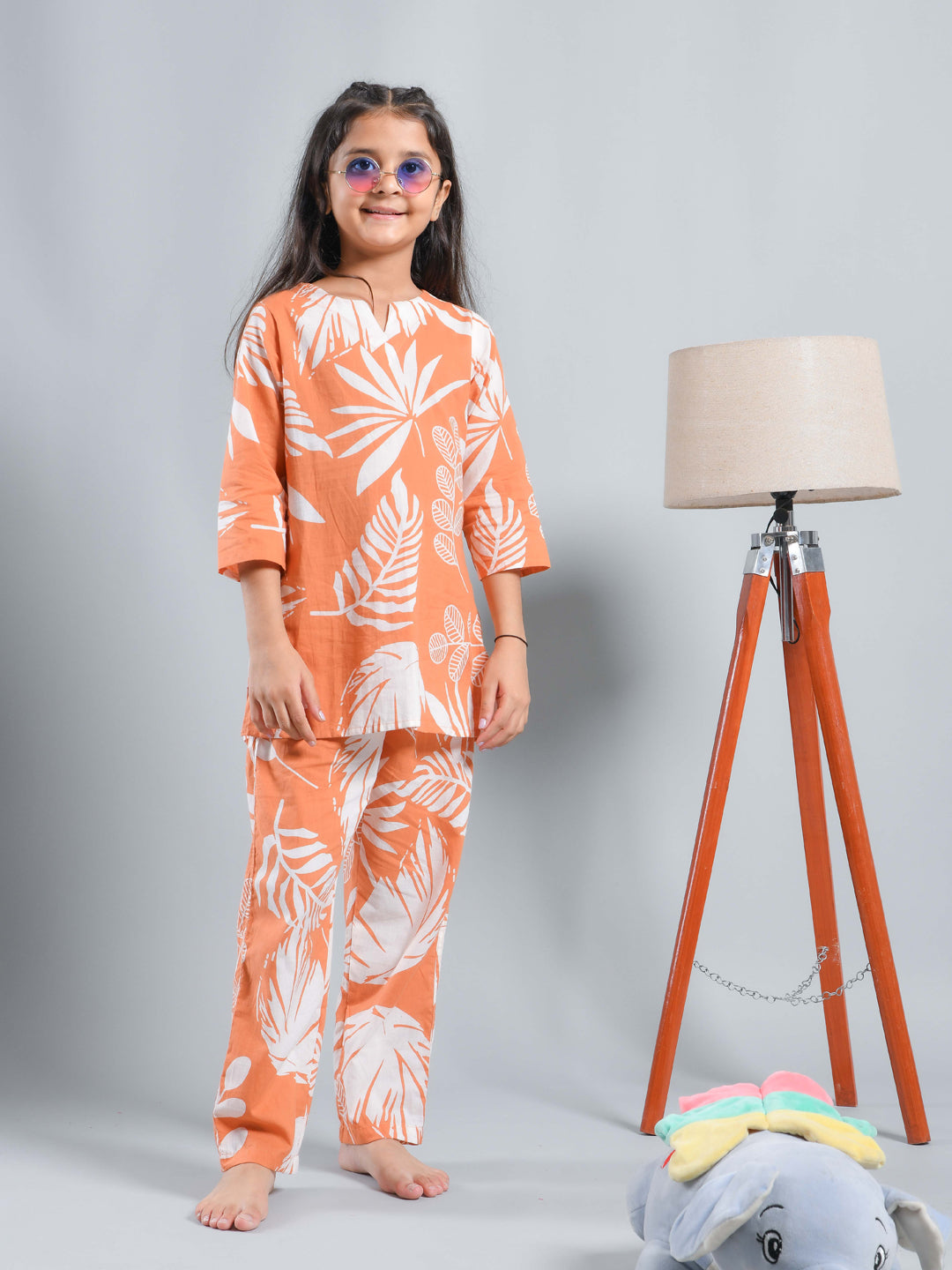 Orange Floral Printed Round Neck Kids Night Suit