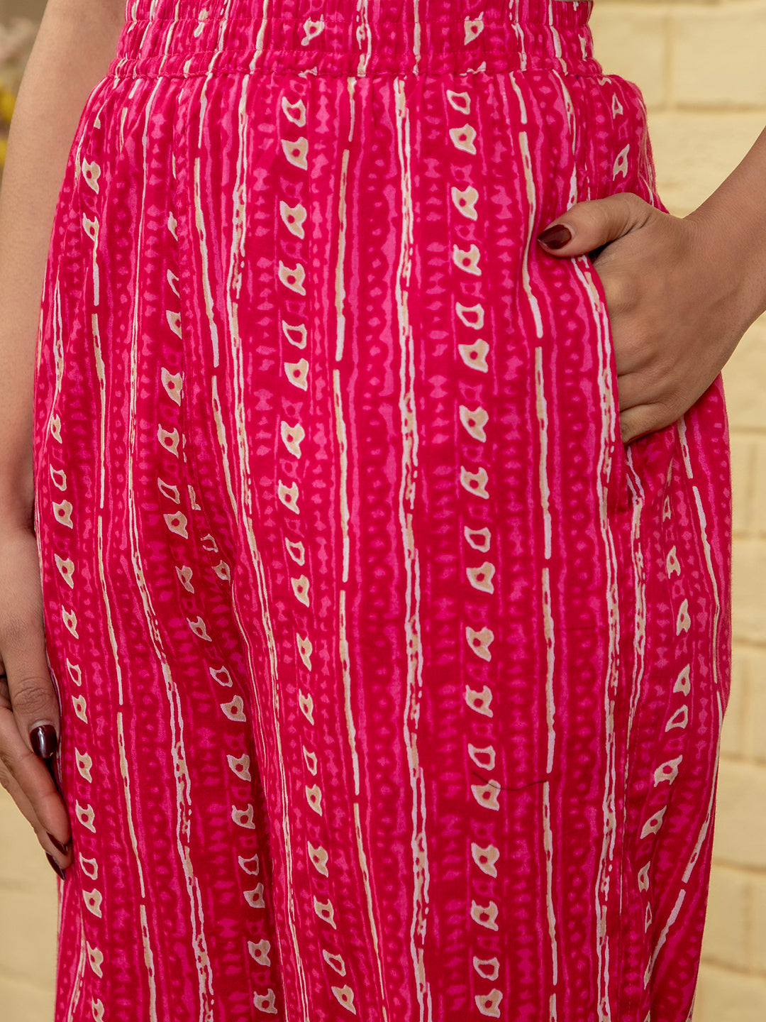 Pink Flower Printed V Neck Cotton Kurta Set