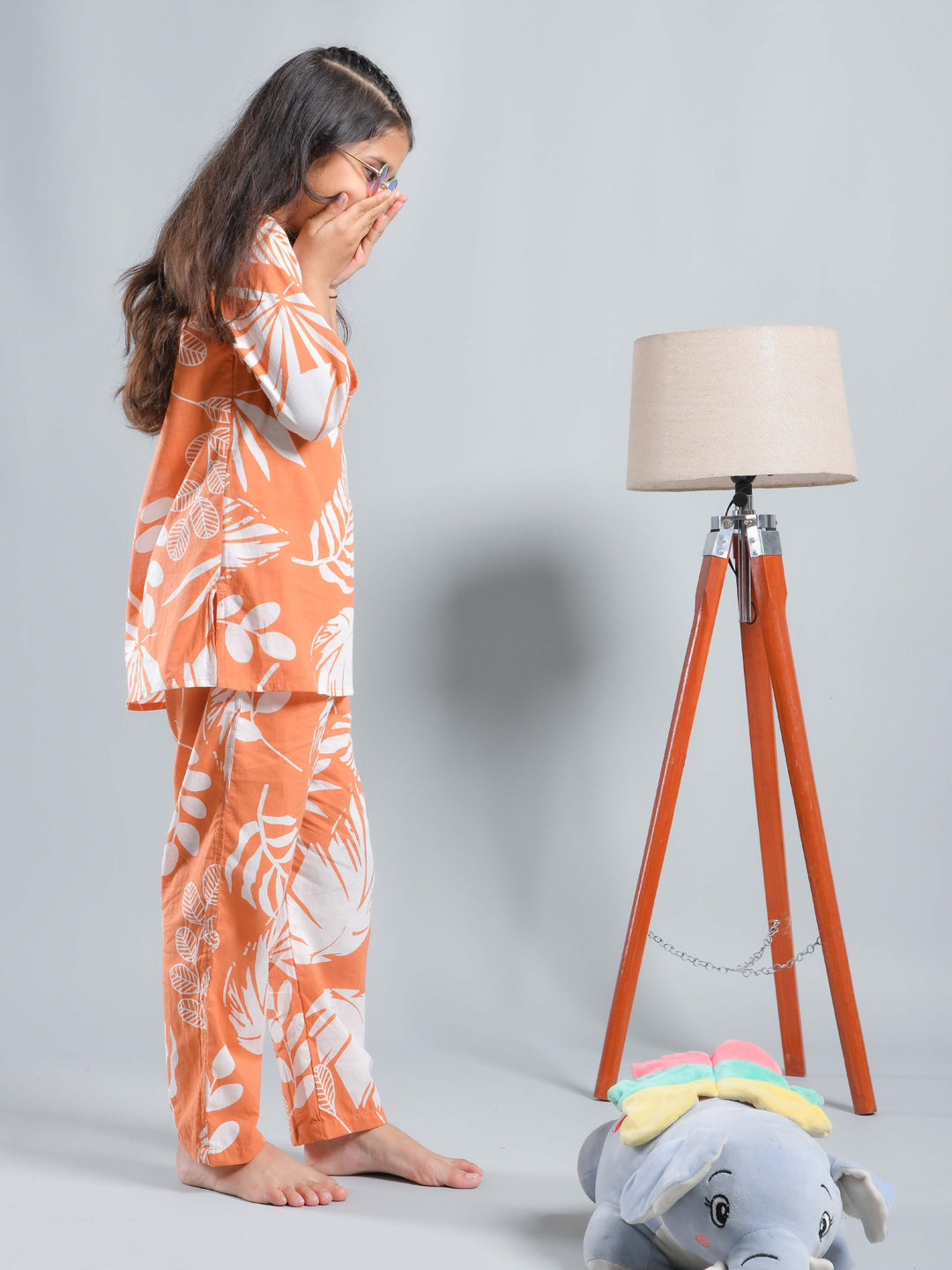 Orange Floral Printed Round Neck Kids Night Suit