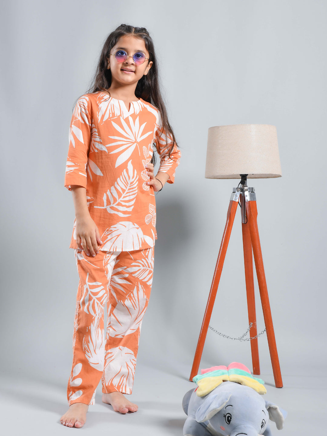 Orange Floral Printed Round Neck Kids Night Suit