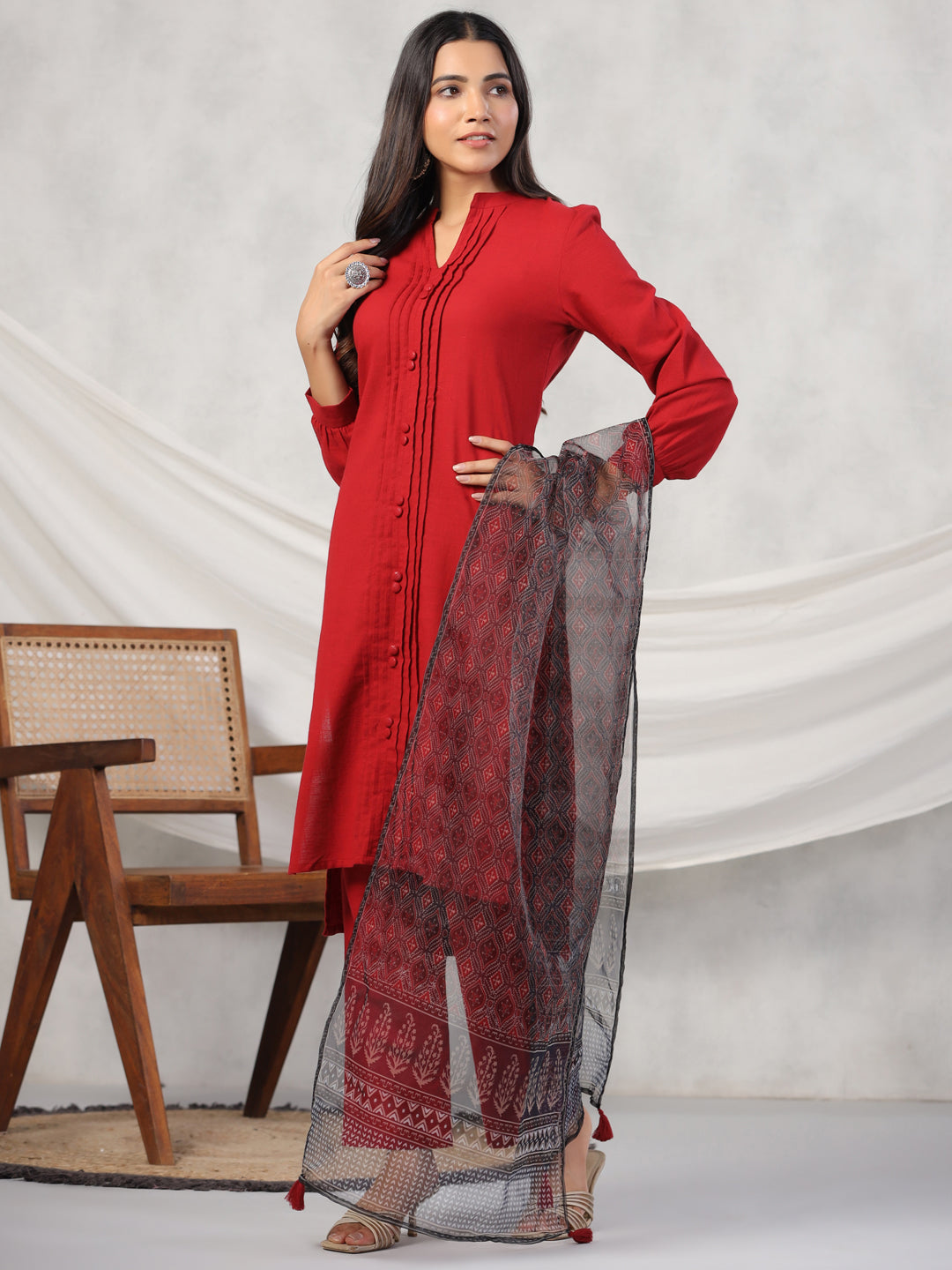 Women Pure Cotton Kurta Set With Orgenza Dupatta