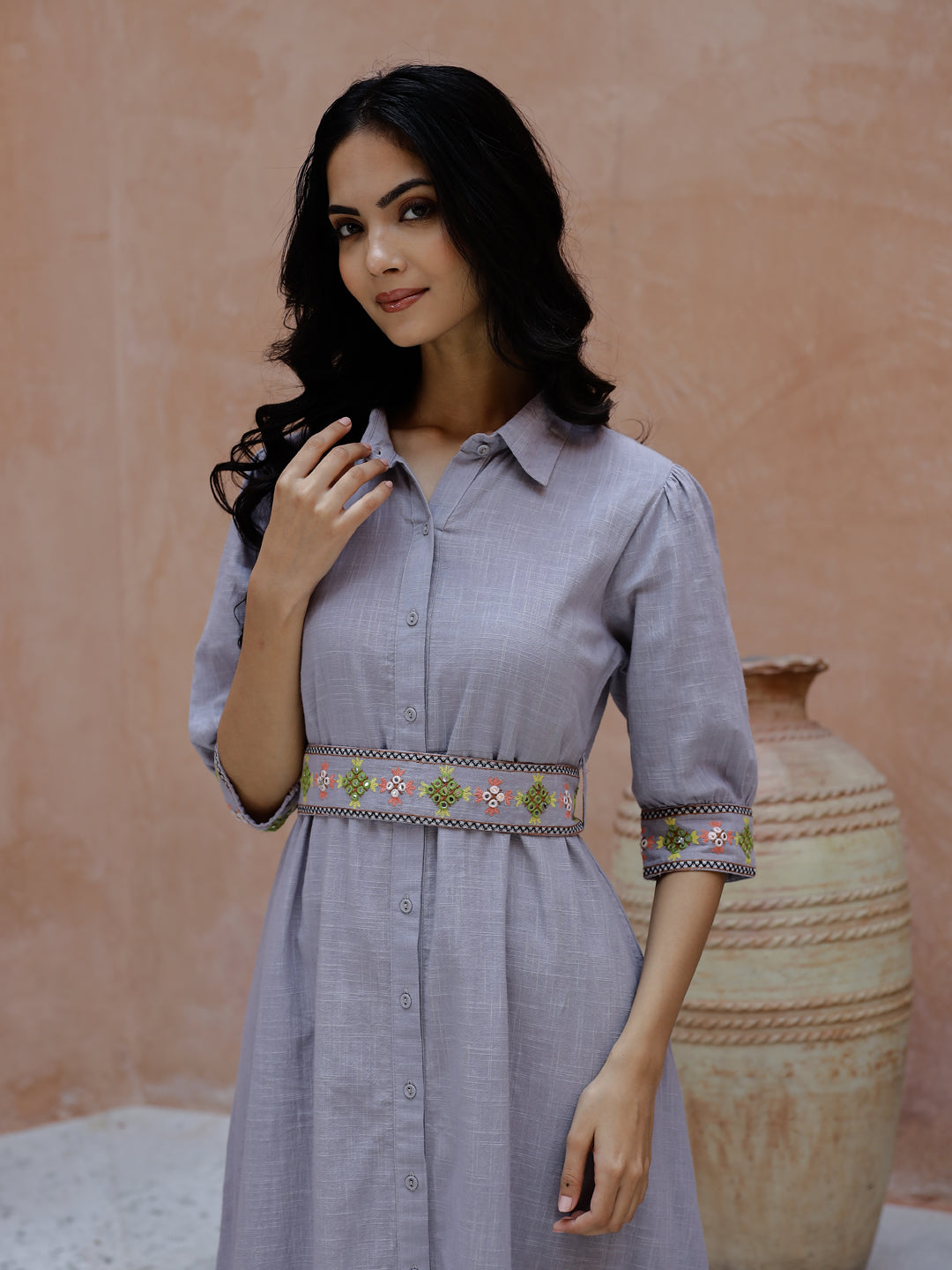 Solid Print Cotton Shirt Collar Dress