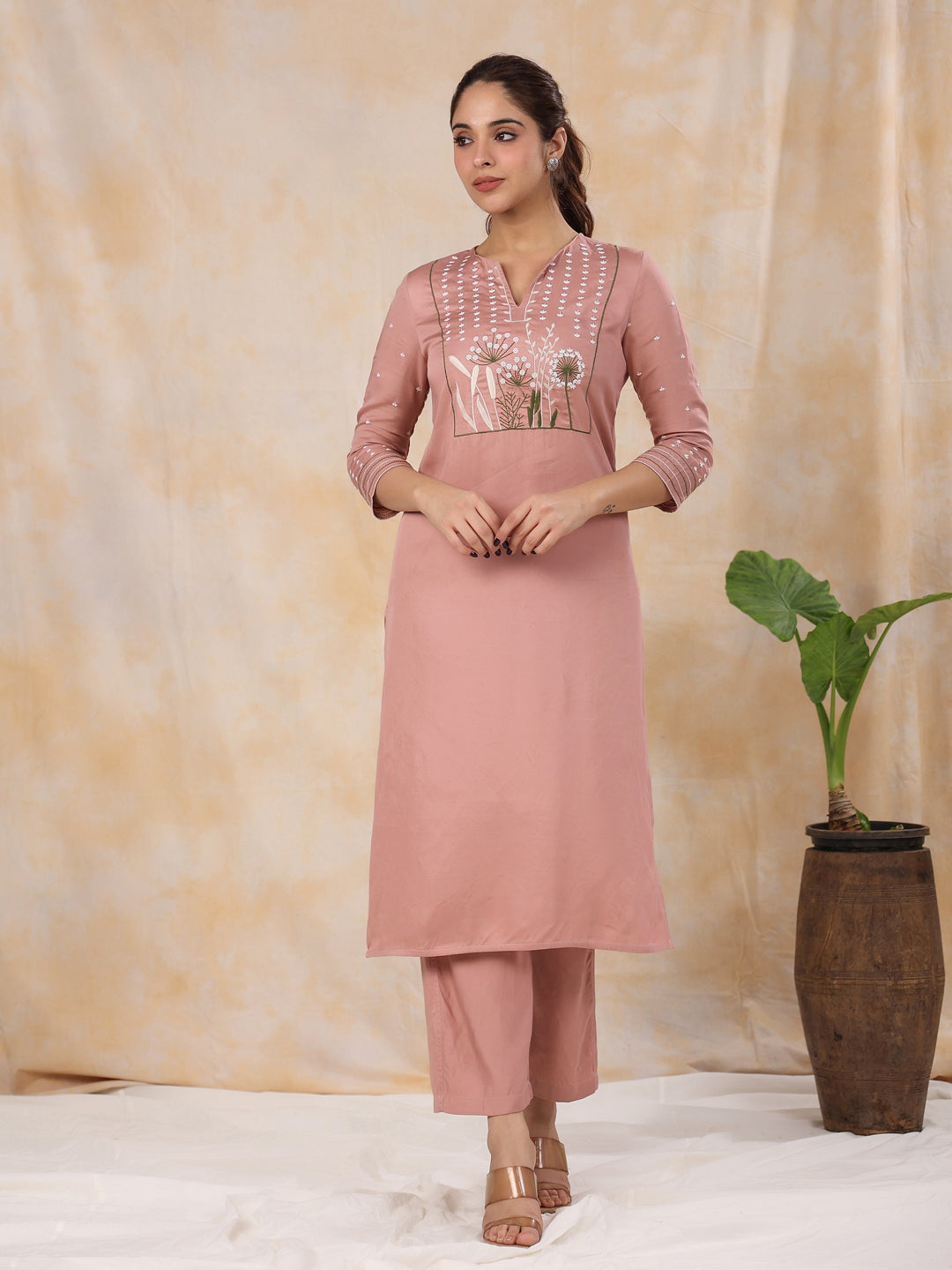 Women' S Floral Embroidered Satin Straight Kurta With Trouser & Dupatta Set