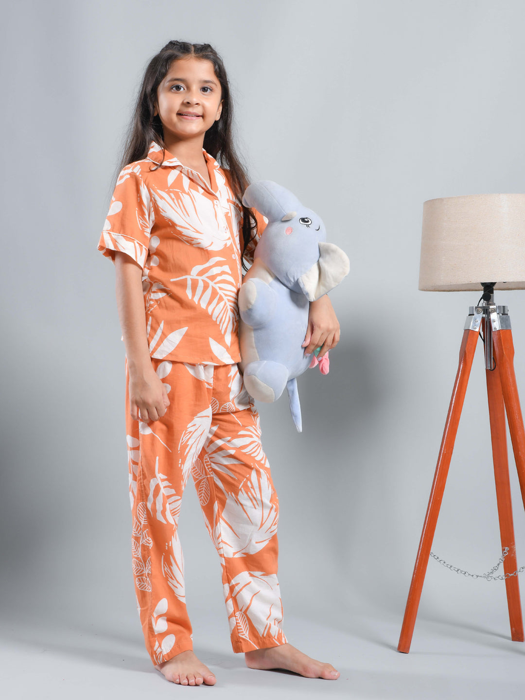 Orange Floral Printed Shirt Collar Kids Night Suit