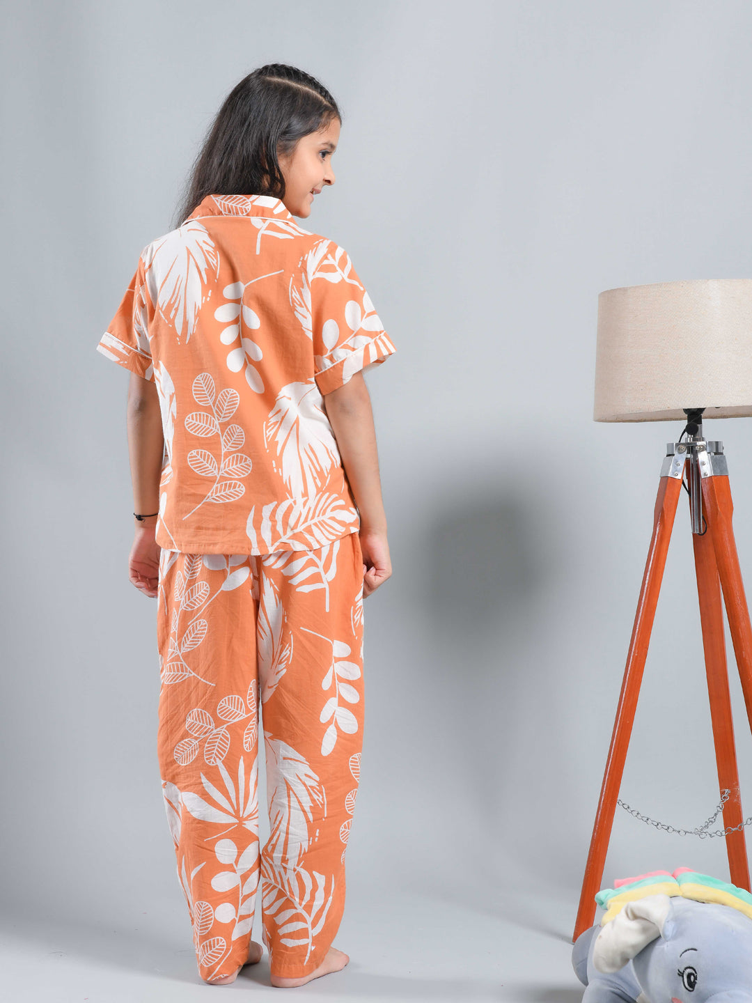 Orange Floral Printed Shirt Collar Kids Night Suit