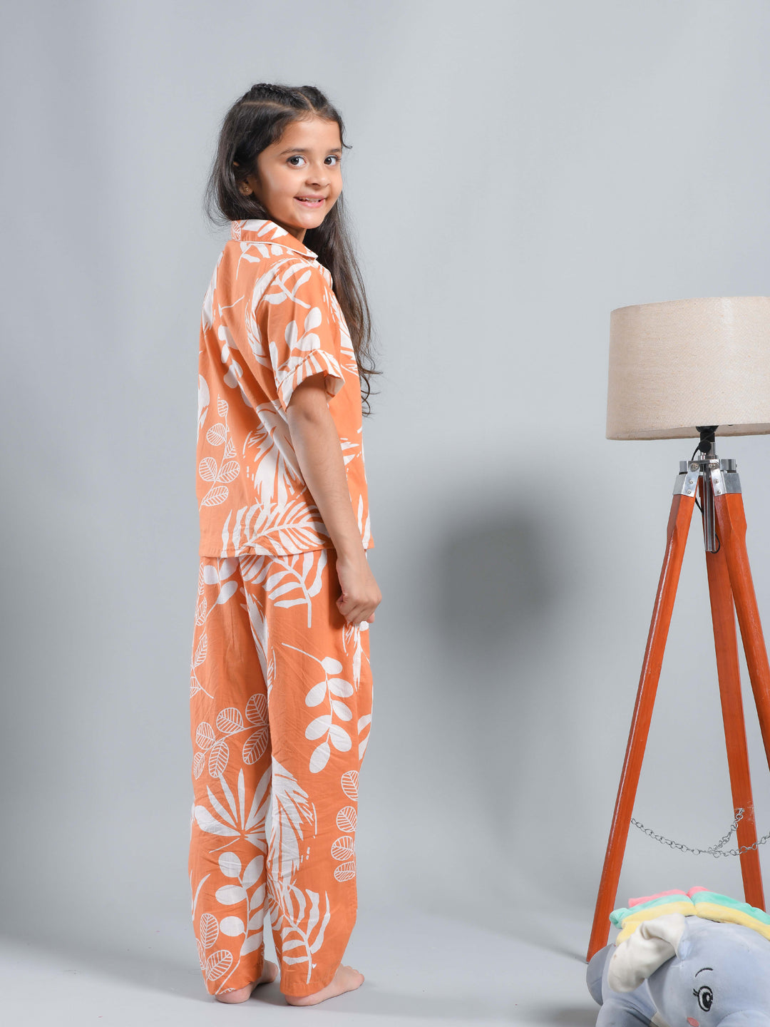 Orange Floral Printed Shirt Collar Kids Night Suit