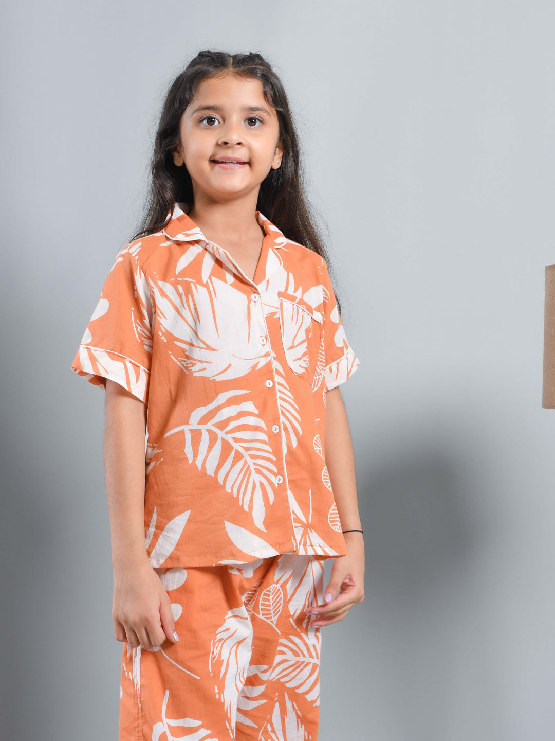 Orange Floral Printed Shirt Collar Kids Night Suit