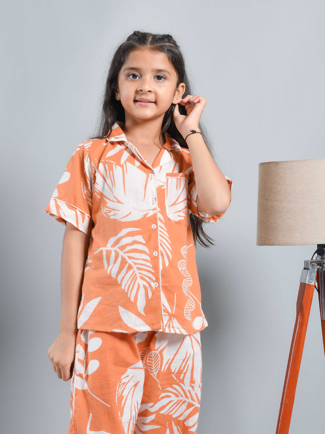 Orange Floral Printed Shirt Collar Kids Night Suit