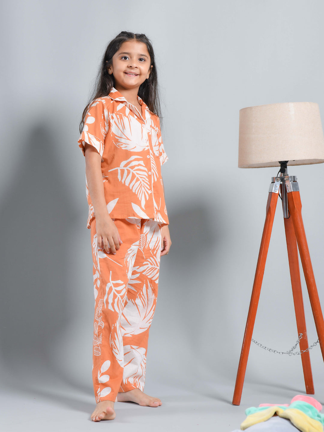 Orange Floral Printed Shirt Collar Kids Night Suit