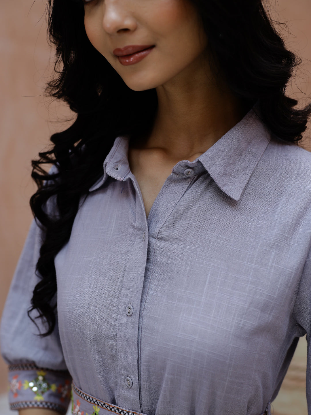 Solid Print Cotton Shirt Collar Dress