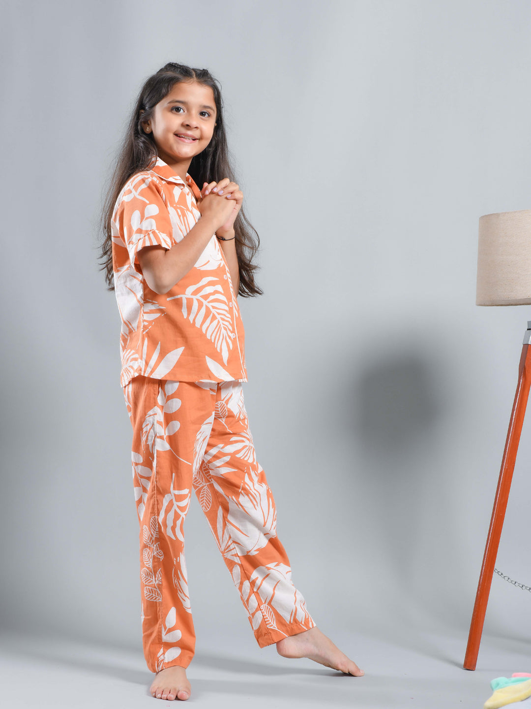 Orange Floral Printed Shirt Collar Kids Night Suit