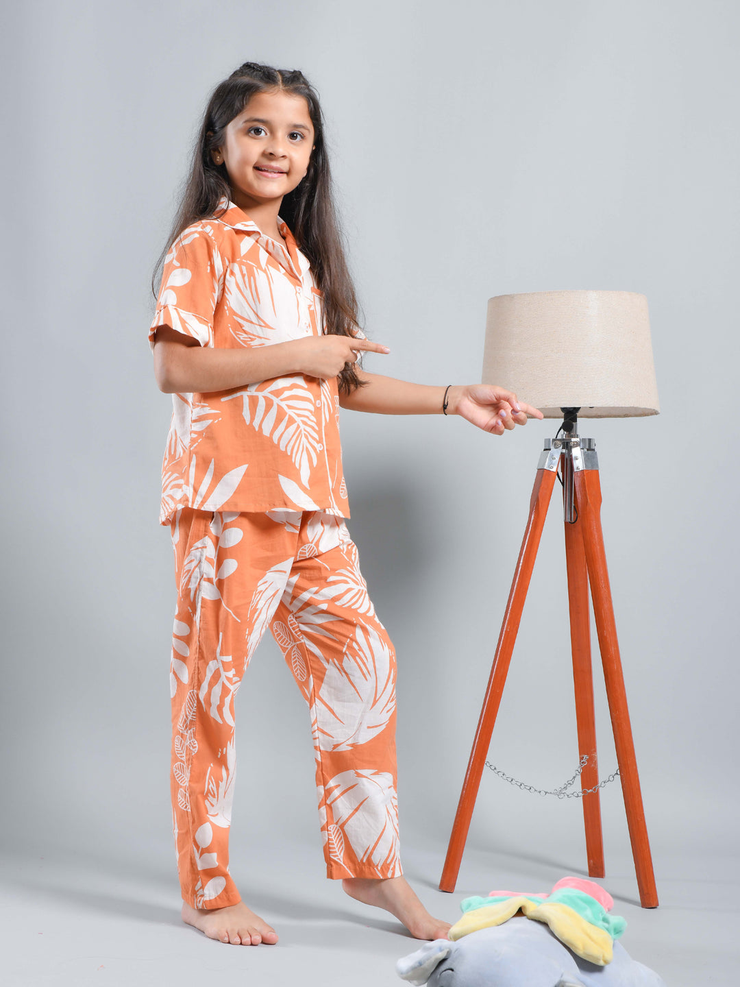 Orange Floral Printed Shirt Collar Kids Night Suit