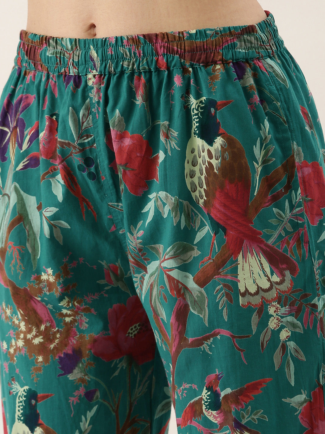 Teal Green Floral Round Neck Cotton Night Suit Set For Women