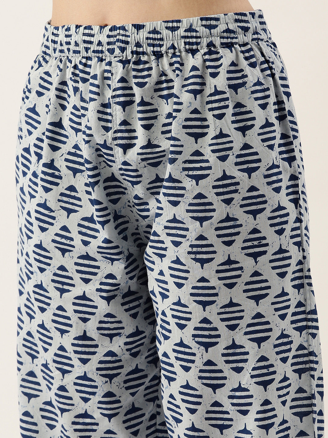Blue Printed Lapel Collar Pure Cotton Pyjama Night Suit For Women