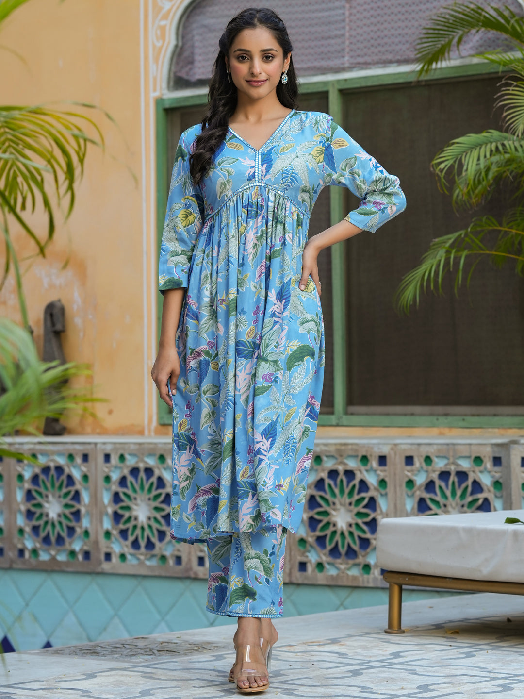 Blue V-Neck Floral Print Mirror Work Kurta Set For Women
