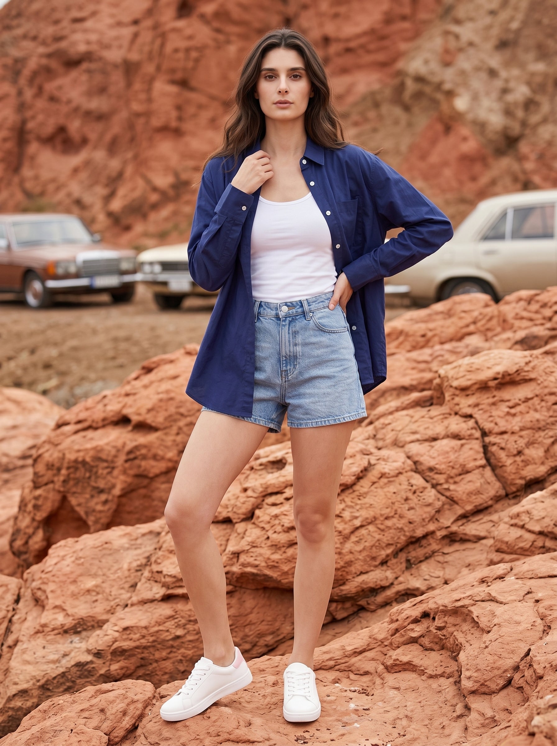Blue Spread Collar Solid Casual Cotton Shirt For Women