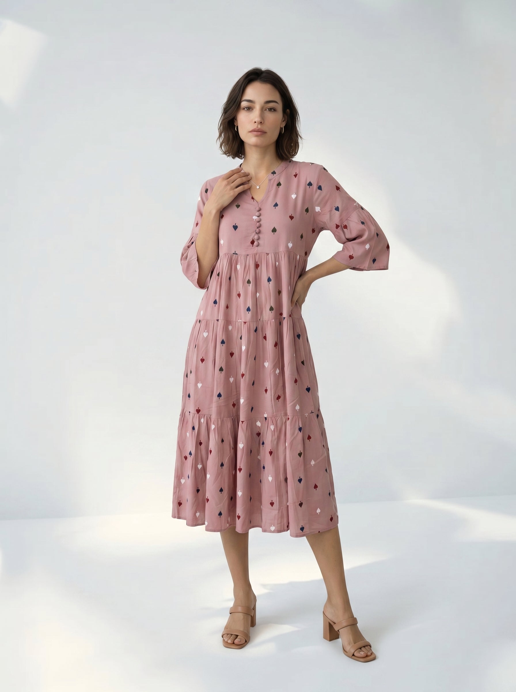 Mauve Round Neck Geometric Print Flared Dress For Women