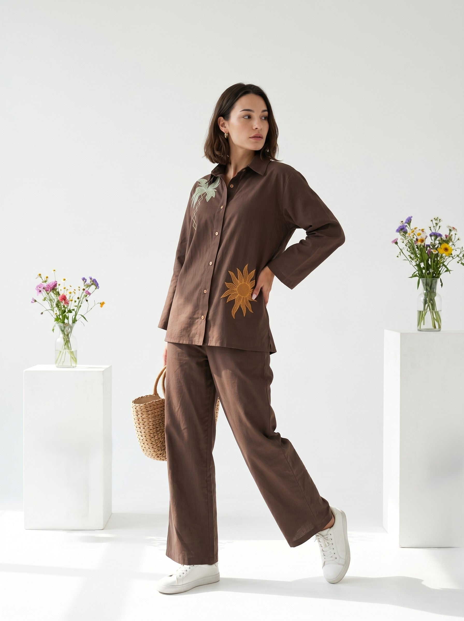 Brown Embroidered Shirt Collar Pure Cotton Co-Ord Set For Women